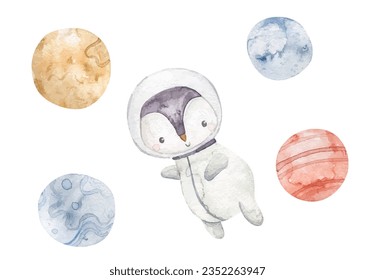 Animal  astronaut adventures in space. Hand drawn watercolor space illustration. Dreamy adventurous fun cartoon for children cosmic exploration. Watercolor style illustration