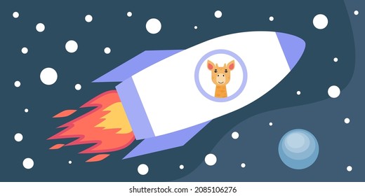 Animal astronaut flying in a rocket in space. Vector illustration in a flat style