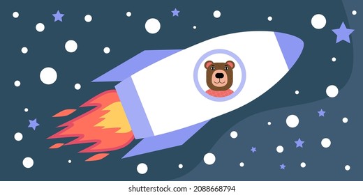 Animal astronaut flying in a rocket in space. Vector illustration in a flat style