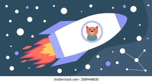 Animal astronaut flying in a rocket in space. Vector illustration in a flat style