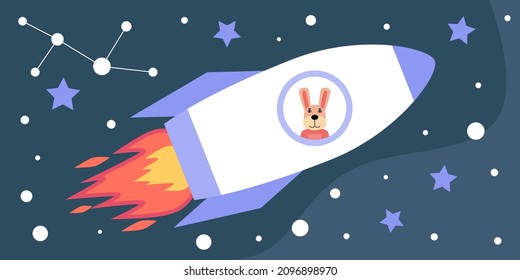 Animal astronaut flying in a rocket in space. Vector illustration in a flat style