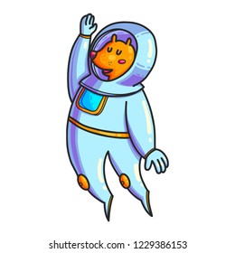 Animal astronaut hand drawn color character. Doodle pet in space. Cute cartoon cosmonaut. Cosmos exploration. Cosmic illustration of fox. Astronomy for kid isolated vector design elements