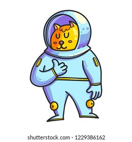 Animal astronaut hand drawn color character. Doodle pet in space. Cute cartoon cosmonaut. Cosmos exploration. Cosmic illustration of cat. Astronomy for kid isolated vector design elements