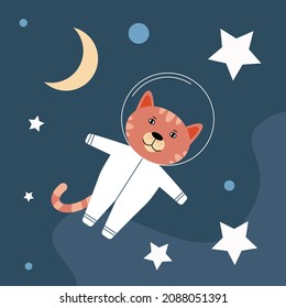 Animal astronaut in a space suit flies in space. Vector illustration in a flat style