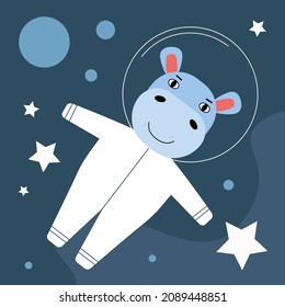 Animal astronaut in a space suit flies in space. Vector illustration in a flat style