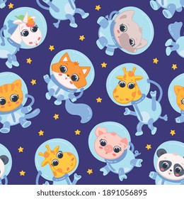 Animal astronauts in galaxy. Cute characters of cosmonauts in space suits flying on navy blue background with stars. Kids seamless pattern for wallpaper, wrapping paper, web. Vector