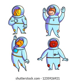Animal astronauts hand drawn color characters set. Doodle pets in space. Cute cartoon cosmonauts. Cosmos exploration. Cosmic illustrations collection. Astronomy for kid isolated vector design elements