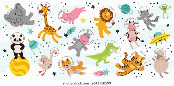 Animal astronauts in space.Kids characters explore the universe. Cute tiger,elephant,lion,panda,cat,giraffe,dog,pig,cow.Cartoon vector illustration