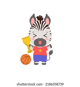 Animal athlete cartoon character sport player. Happy champion holding sport cup with basketball ball. Fun zebra cheerful schoolboy vector illustration flat design.