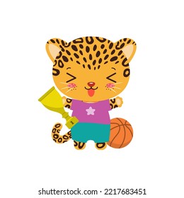 Animal Athlete Cartoon Character Sport Player. Cheetah Leopard Jaguar Boy. Happy Champion Holding Sport Cup With Basketball Ball. Educational Clipart. Fun Cheerful Schoolboy Vector Illustration.