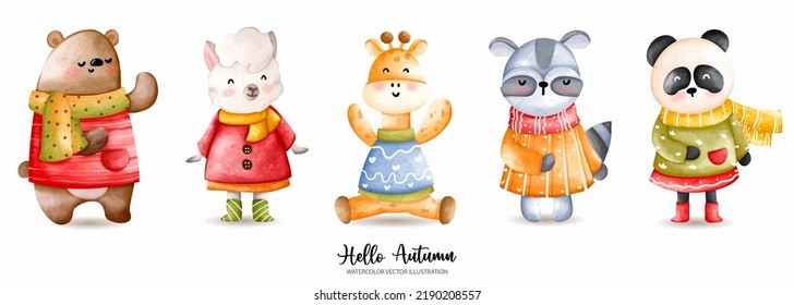 Animal autumn watercolor, Thanksgiving Vector illustration, Bear, Sheep, Giraffe, Raccoon, Panda
