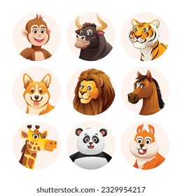 Animal avatar characters collection. Cute animal faces in cartoon style