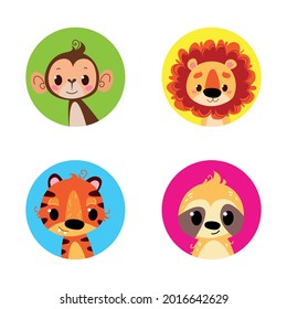 Animal avatar in round multicolored windows. Lion, monkey, tiger and sloth in cartoon funny style. Vector children s illustration, for prints on clothes, logo, printing design.