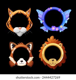 Animal avatars for games. Vector set featuring a tiger, a fantasy creature, a red panda, and a lion designed for user profiles.