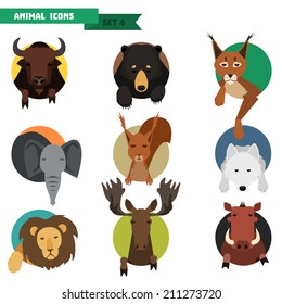 Animal Avatars Set With Flat Design. Vector Illustration