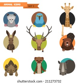 Animal avatars set with flat design. Vector Illustration