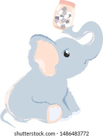 Animal baby elephant with bottle of capsule pills in its trunk. Colorful vector illustration of little cute animal holding medical vitamins jar isolated on white background.