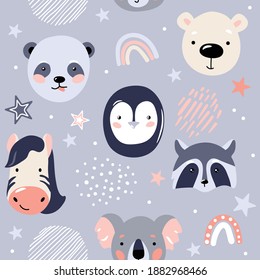 Animal baby faces seamless pattern vector illustration in simple nordic scandinavian flat style with panda, penguin, polar bear, raccoon, zebra, koala, rainbow, stars and other design elements.