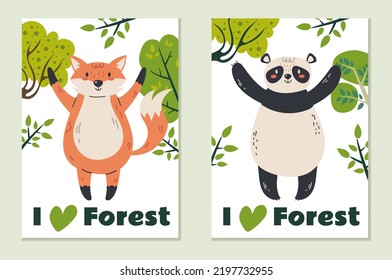 Animal baby forest woodland nature greeting cards concept set. Design graphic element vector illustration