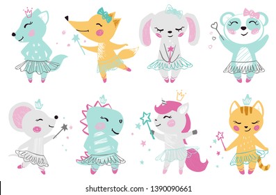 Animal baby girl cute print. Unicorn, bunny, fox, wolf, panda, mouse, cat, kitten, dinosaur with magic wand, bow, ballet tutu, pointe. Cool for nursery, child t-shirt, kids apparel, birthday card