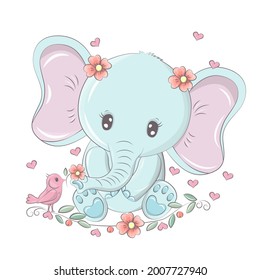 Animal for baby products and holidays. Cute elephant with funny eyes, character illustration is made in cartoon style. Isolated animal illustration in kawaii style, for colorful prints for goods.