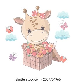 Animal for baby products and holidays. Cute giraffe with funny eyes, character illustration is made in cartoon style. Isolated animal illustration in kawaii style, for colorful prints for goods.