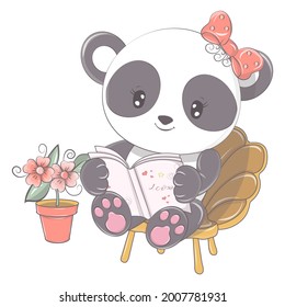 Animal for baby products and holidays. Cute panda with funny eyes, character illustration is made in cartoon style. Isolated animal illustration in kawaii style, for colorful prints for goods.