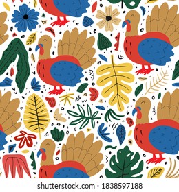Animal baby seamless pattern. Cute turkey with leaves. Scandinavian cute print. Farm bird illustration for nursery t-shirt, kids apparel, invitation cover, simple child background design