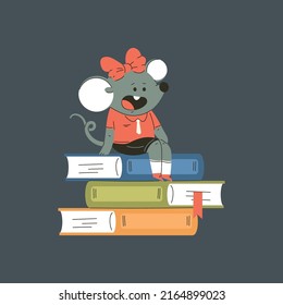 Animal back to school illustration. Cute mouse sits on books vector cartoon character isolated on background.