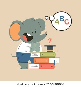 Animal back to school illustration. Cute elephant with book vector cartoon character isolated on background.