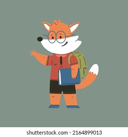 Animal back to school illustration. Funny fox with backpack and book vector cartoon character isolated on background.