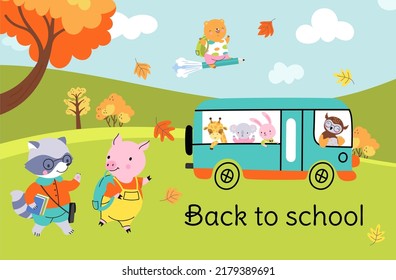 Animal Back To School Poster. Cute Cartoon Animals With Backpack And Books Go To Study. Little Student Friends In Bus, Autumn Education Nowaday Vector Background