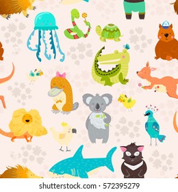 Animal background with Australian baby animals. Parrot, wombat, lizard, jellyfish, shark, crocodile, koala, kangaroo, platypus, turtle, tasmanian devil, snake, birds. Seamless pattern.