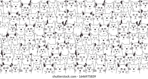 Animal background with cats different emotions, hand drawn. Stylized characters. Vector illustration