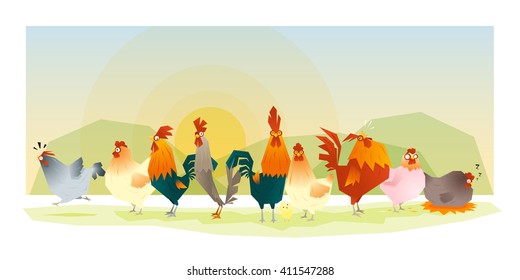 Animal background with chickens, vector, illustration