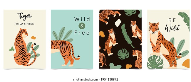 animal background collection with tiger, leaf,jungle. illustration for banner,postcard,invitation