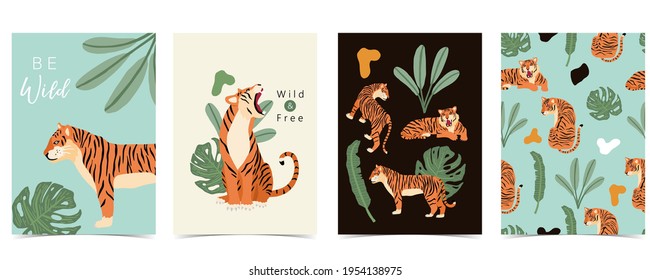Tierhintergrund-Kollektion mit Tiger, Blatt, Dschungel. Illustration für Banner, Postkarte, Einladung