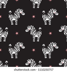 Animal Background for Kids. Vector Seamless Pattern with doodle Cute Zebras and Stars. Children's wallpaper.