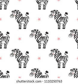 Animal Background for Kids. Vector Seamless Pattern with doodle Cute Zebras and Stars. Children's wallpaper.