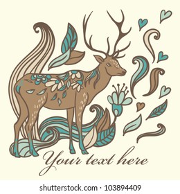 Animal Background pattern with swirls, leaves and deer