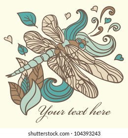 Animal Background pattern with swirls, leaves and dragonfly