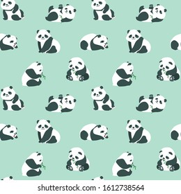 Animal background. Seamless pattern with cute baby pandas on green background. Vector 8 EPS.