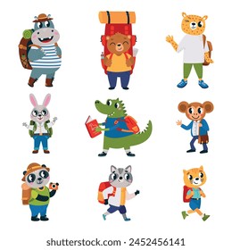 Animal with backpack. Touristic animals, students and business characters. Cartoon cute wild hippo, bear and crocodile. Classy vector clipart