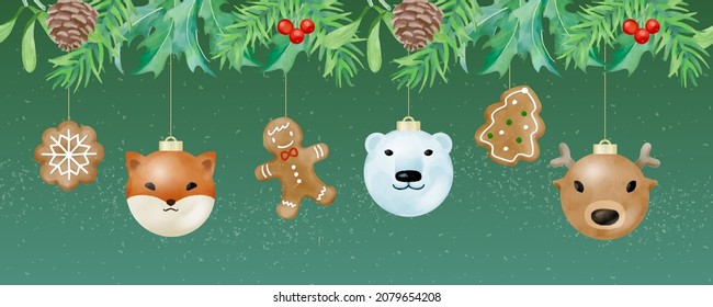 Animal ball ornaments, gingerbread cookies  and plant for Christmas decoration banner.
