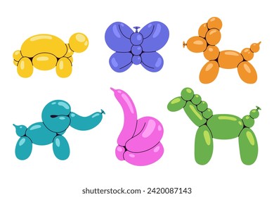 Animal balloon sculptures set. Turtle, butterfly, poodle, elephant, swan, horse figures. Balloon twisting concept. Kid birthday and party entertainment.