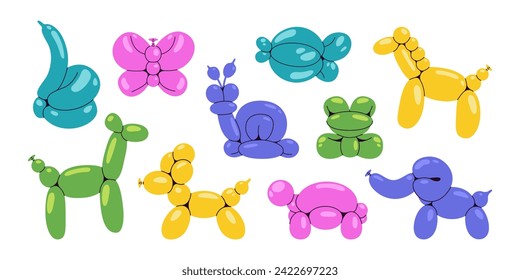 Animal balloon sculptures set. Turtle, frog, fish, butterfly, poodle, elephant, swan, horse figures. Balloon twisting concept. Kid birthday and party entertainment.
