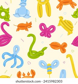 Animal balloons pattern. Seamless cartoon helium balloons, cute animal funny toys, birthday party celebration decoration. Vector isolated set. Festive objects for celebration or entertainment