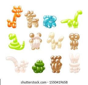 Animal balloons toys set. Hare, dog, cat, deer, panda, elephant, frog, giraffe, dolphin, dinosaur, owl, snail, bear rabbit balloons cartoon for kids on holidays birthdays and party isolated vector