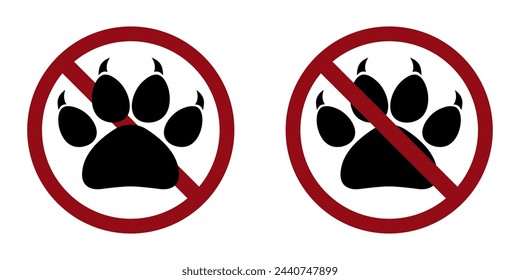 Animal ban prohibit icon. Not allowed entry with animals cats and dogs. Forbidden entry with pets