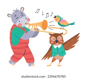 Animal band vector illustration. Join festivities as cheerful marching band animals parades through zoo musical wildlife orchestra in this unique. Hippopotamus plays trumpet, owl dances, bird sings